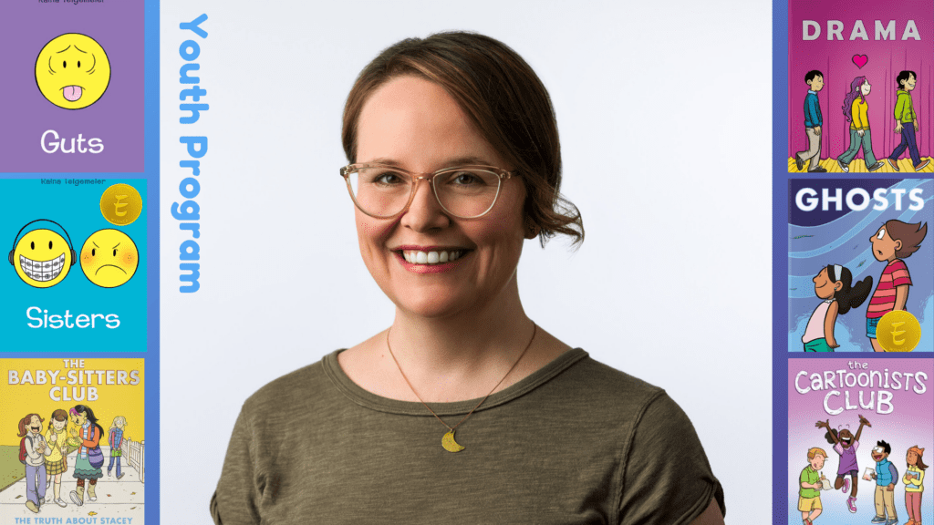 Photograph of Raina Telgemeier accompanied by six books authored by her