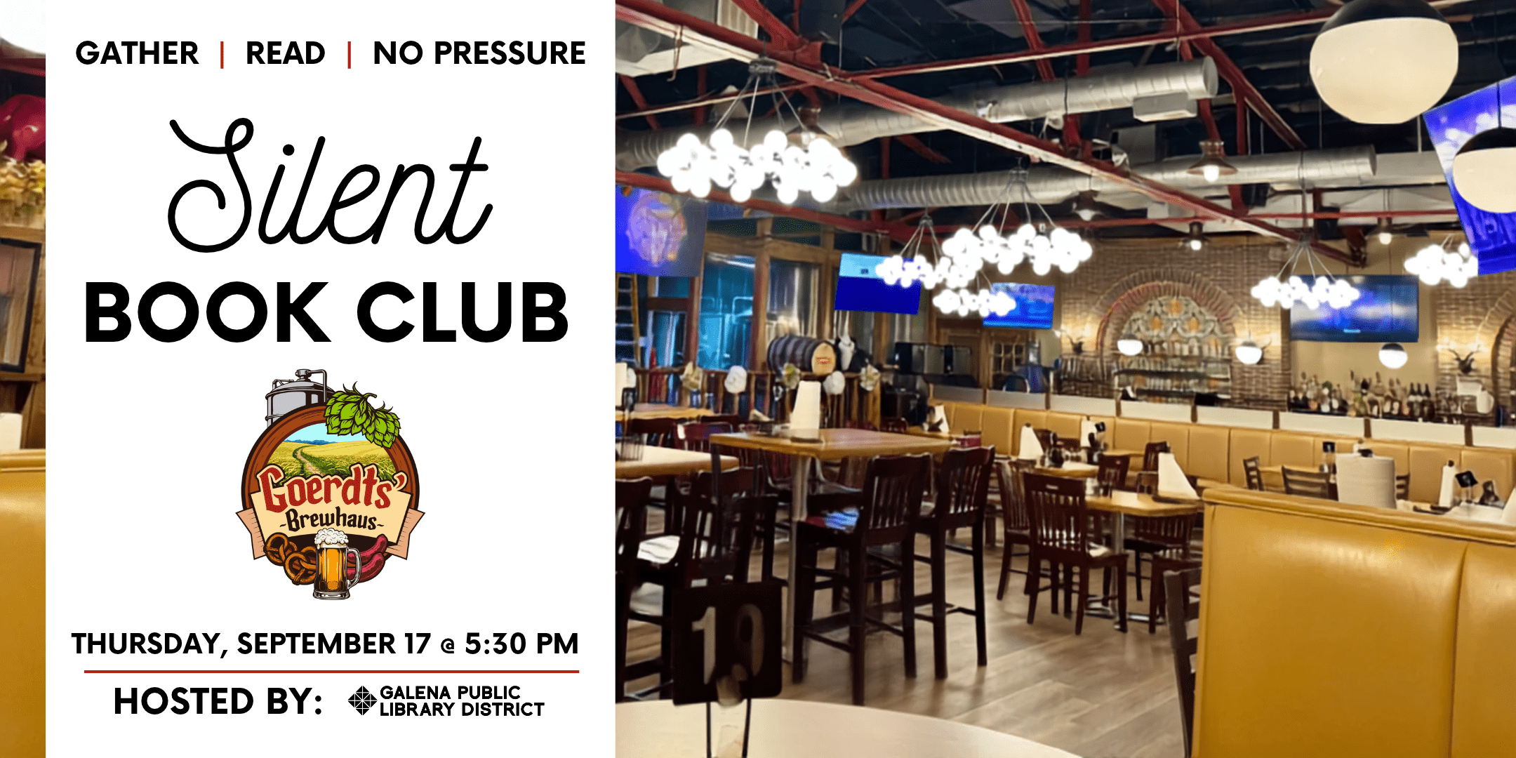 Silent Book Club at Goerdt's Brewhaus. September 17 at 5:30 pm